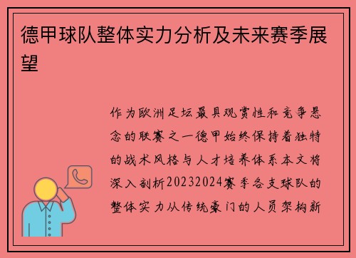 德甲球队整体实力分析及未来赛季展望